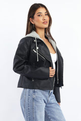 Black Faux leather Biker With Removable Hoodie