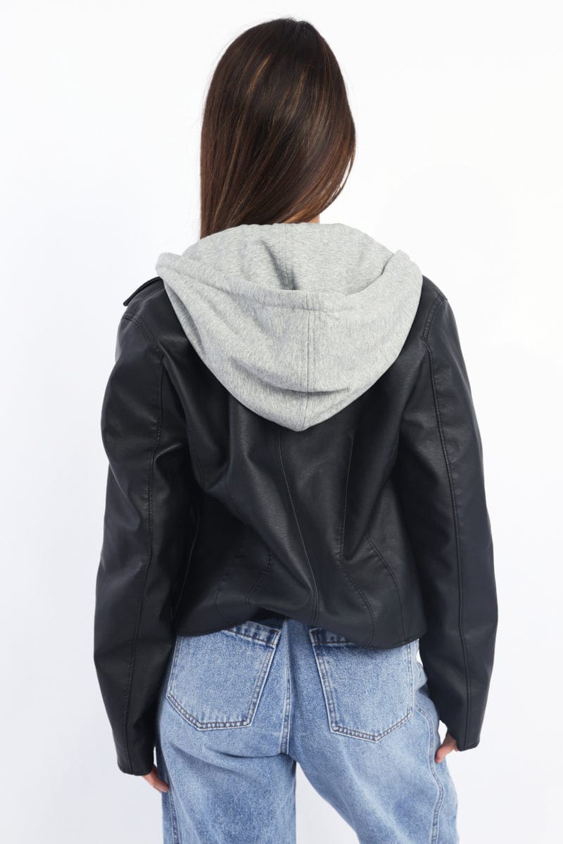 Black Faux leather Biker With Removable Hoodie