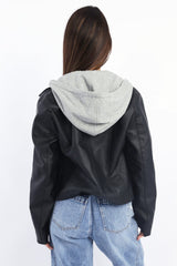 Black Faux leather Biker With Removable Hoodie