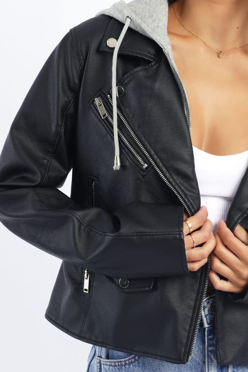 Black Faux leather Biker With Removable Hoodie