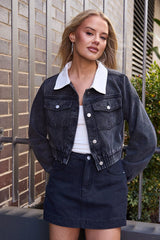 Black Crop Jacket With Contrast Collar