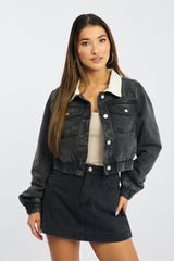 Black Crop Jacket With Contrast Collar