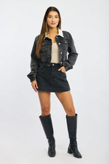 Black Crop Jacket With Contrast Collar