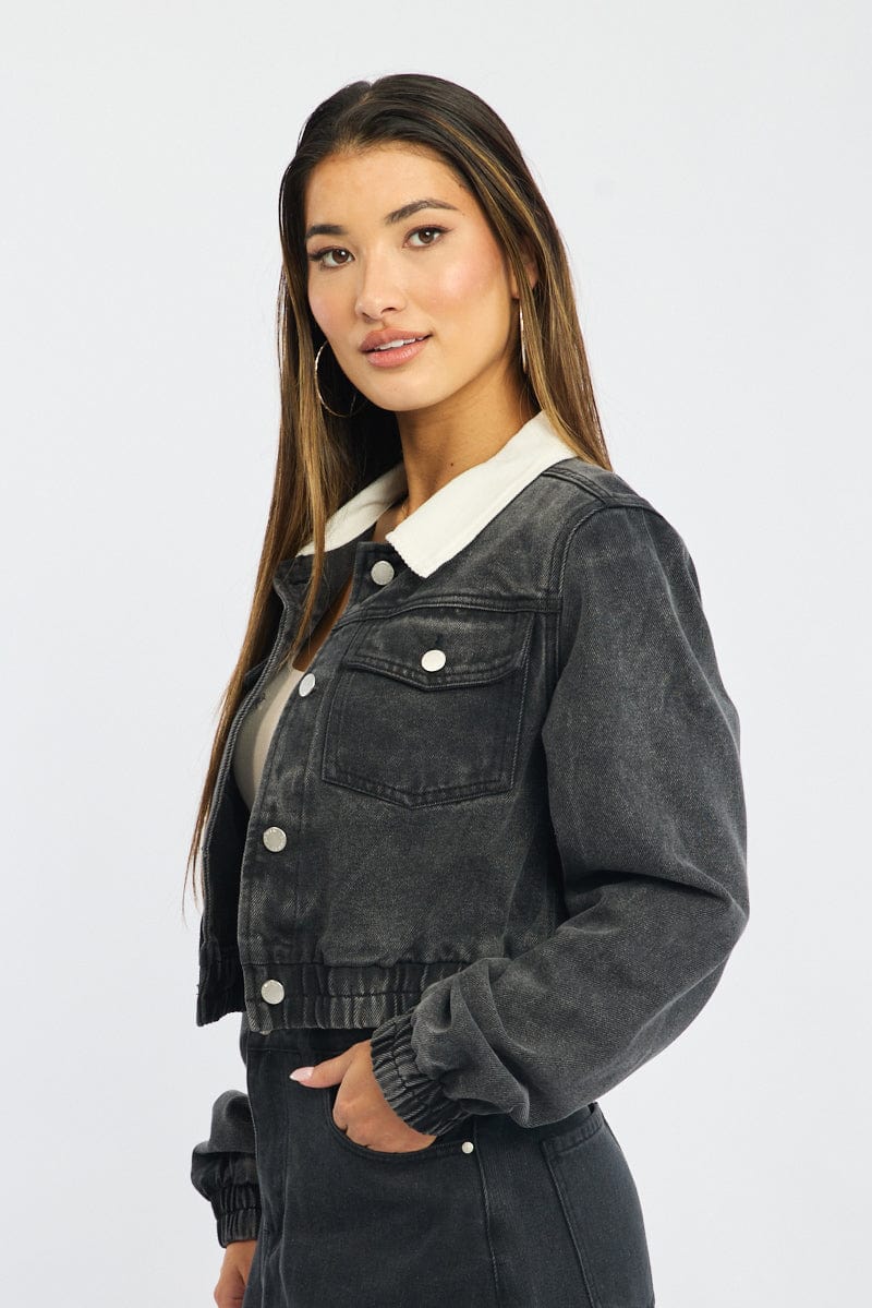 Black Crop Jacket With Contrast Collar