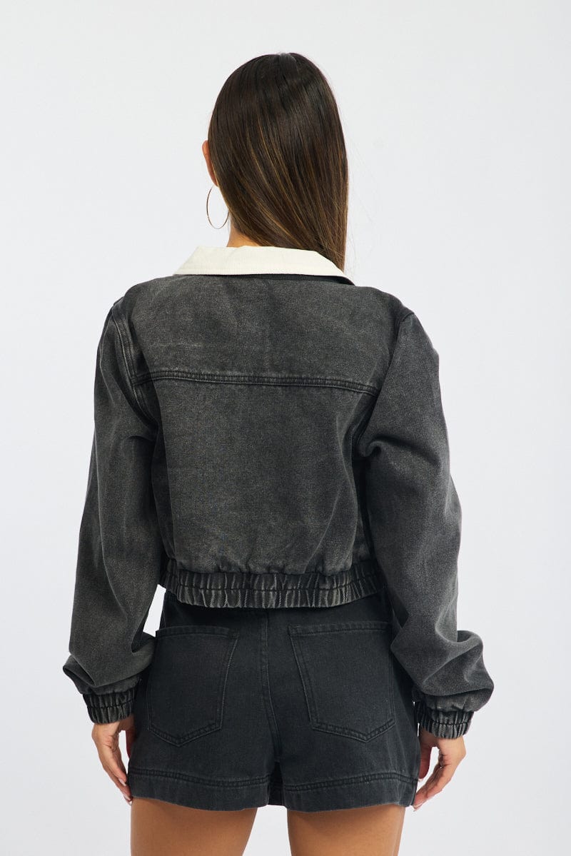 Black Crop Jacket With Contrast Collar