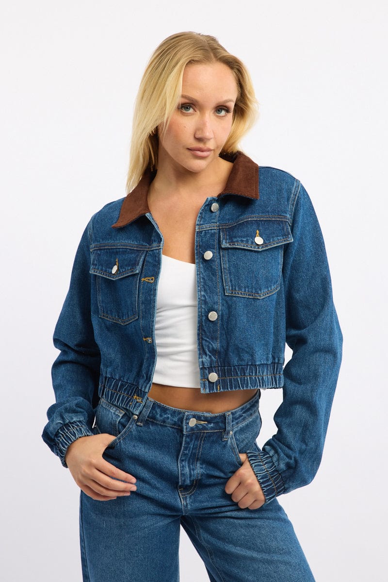 Denim Crop Jacket With Contrast Collar