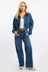 Denim Crop Jacket With Contrast Collar