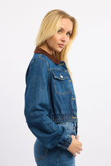 Denim Crop Jacket With Contrast Collar