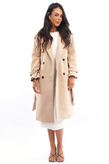 Beige Coat Long Sleeve Belted
