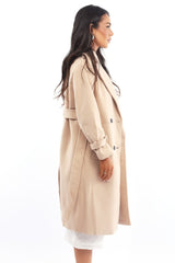 Beige Coat Long Sleeve Belted