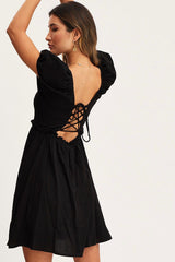 Black Mini Dress Short Sleeve Square Neck