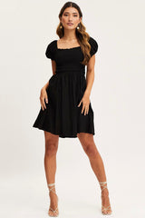 Black Mini Dress Short Sleeve Square Neck