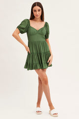 Green Fit And Flare Dress Puff Sleeve Sweetheart Neck