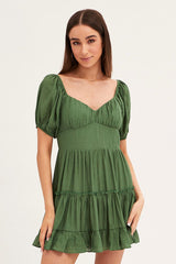 Green Fit And Flare Dress Puff Sleeve Sweetheart Neck