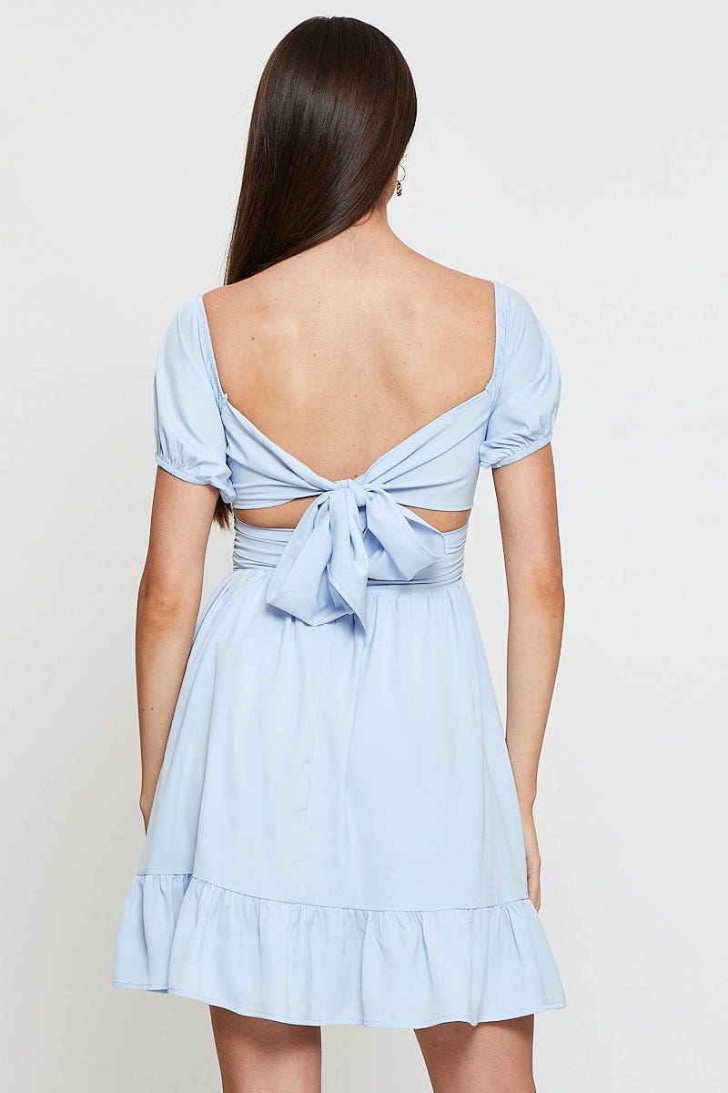 Blue Fit And Flare Dress Short Sleeve Square Neck
