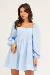 Blue Square Neck Skater Dress