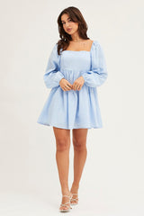 Blue Square Neck Skater Dress