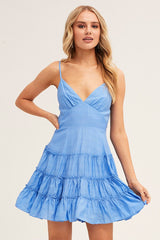 Blue V Neck Frill Skater Dress