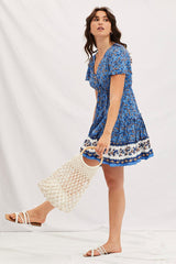 Boho Print V-Neck Short Sleeve Mini Skater Dress