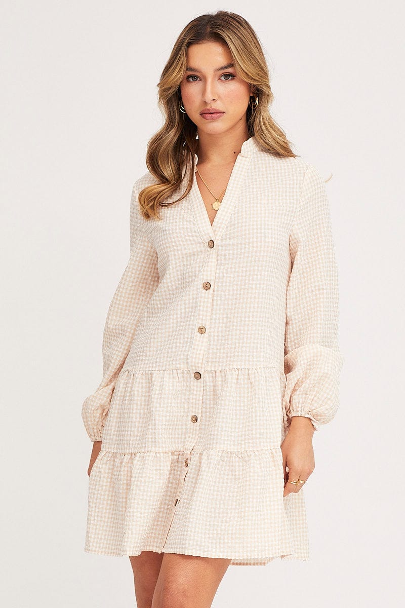 Check Shirt Dress Long Sleeve V Neck