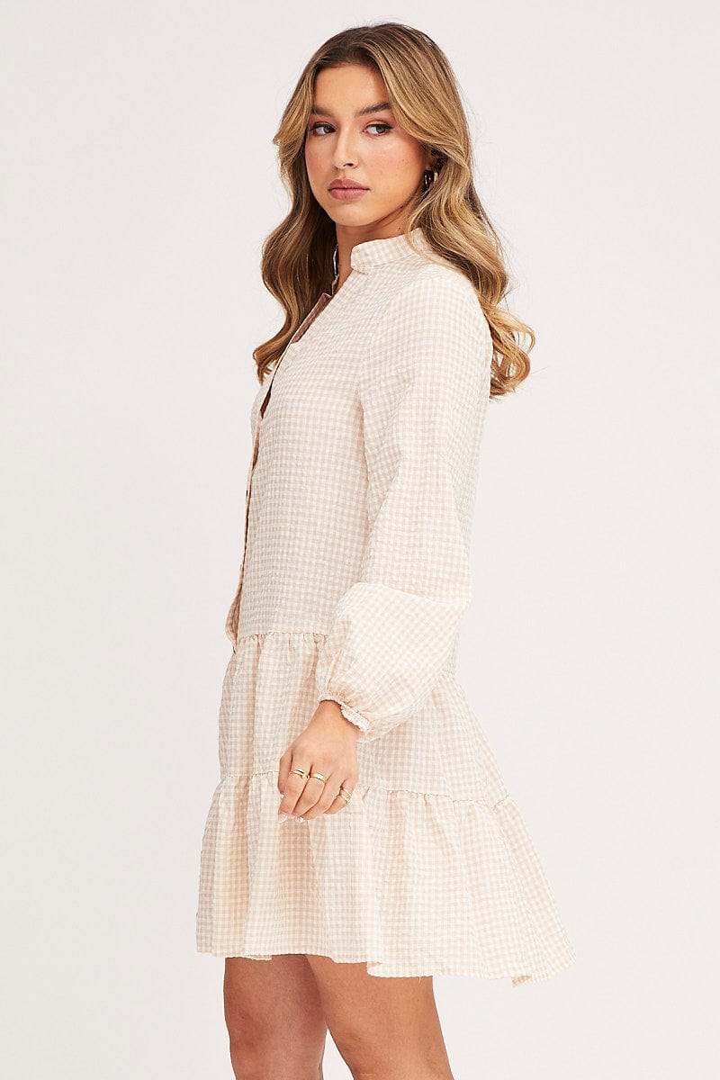Check Shirt Dress Long Sleeve V Neck
