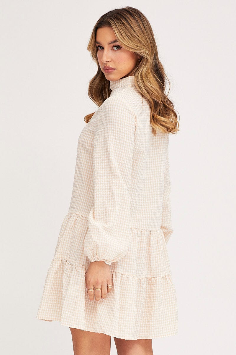 Check Shirt Dress Long Sleeve V Neck