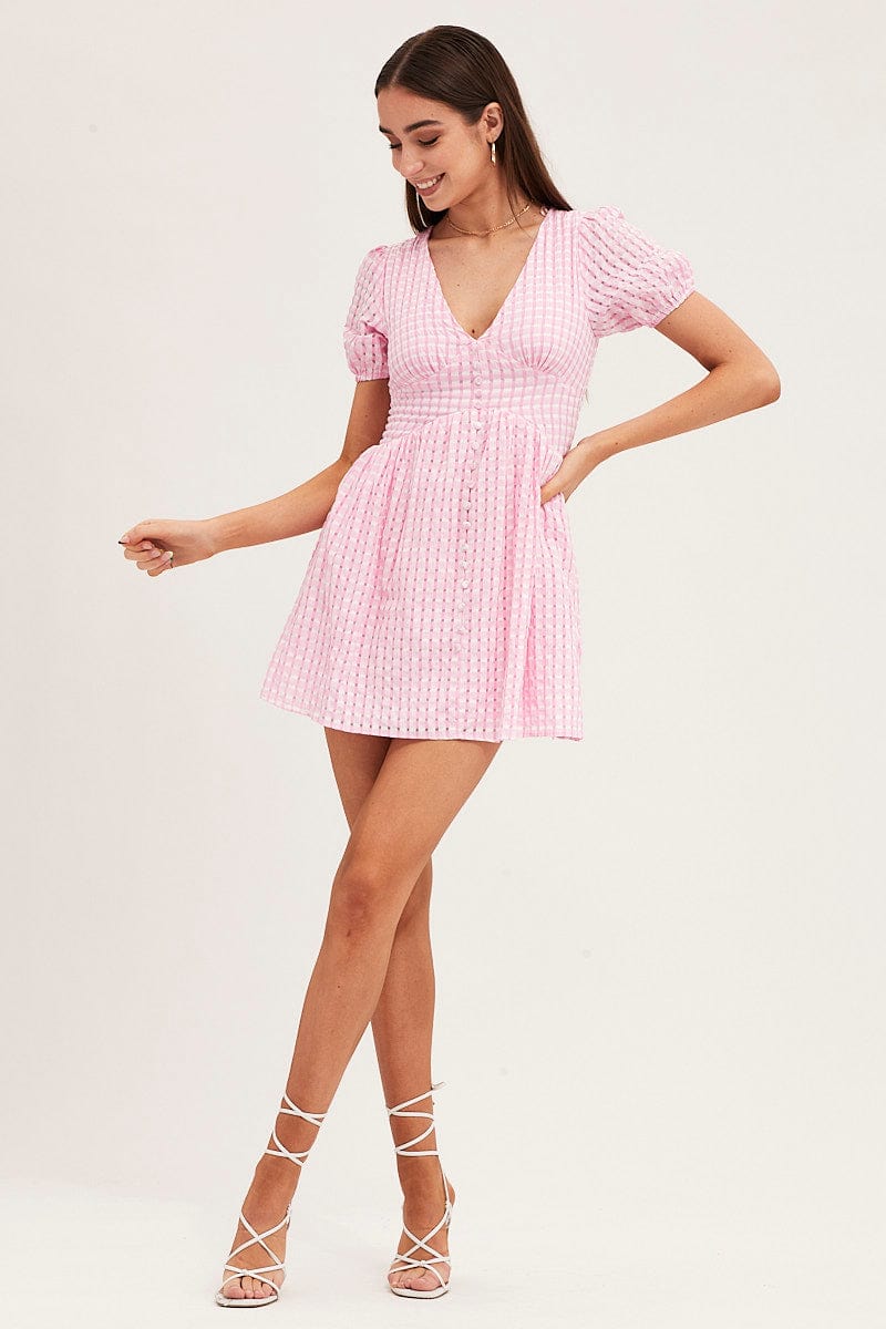 Check Skater Dress Short Sleeve Mini V Neck