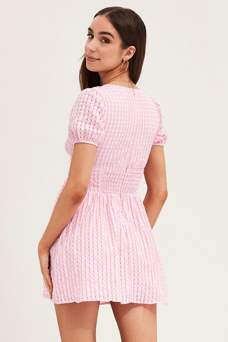 Check Skater Dress Short Sleeve Mini V Neck
