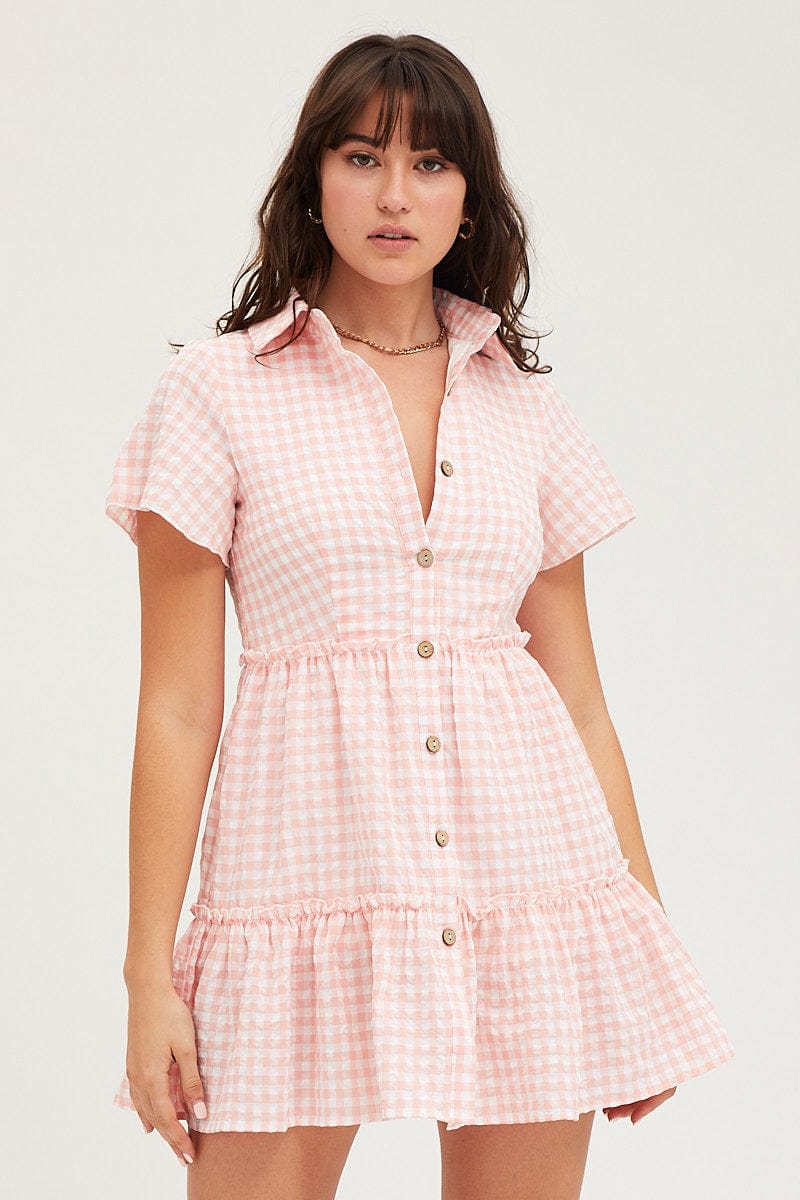 Check Tiered Dress Short Sleeve Mini