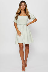 Green Fit And Flare Dress Short Sleeve Square Neck