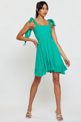 Green Fit And Flare Dress Sleeveless Tie Shoulder