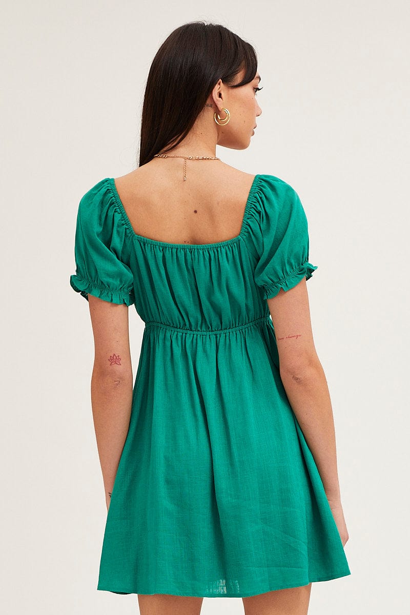 Green Gathered Bust Puff Sleeve Skater Dress
