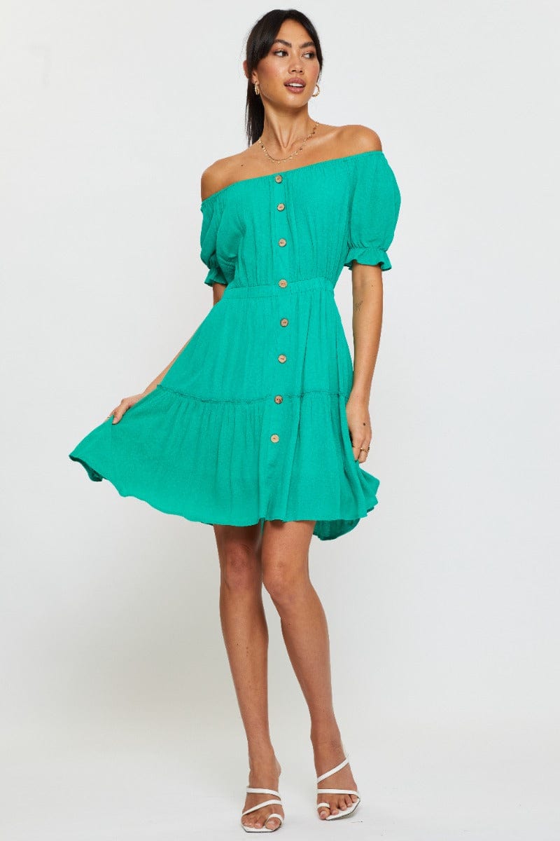 Green Mini Dress Off Shoulder Linen