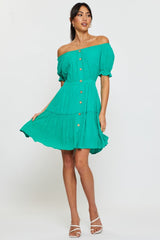 Green Mini Dress Off Shoulder Linen