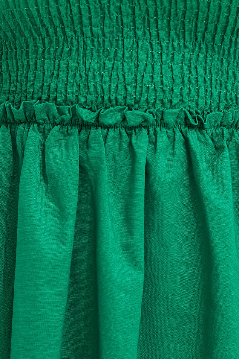 Green Puff Sleeve Linen Shirred Skater Dress