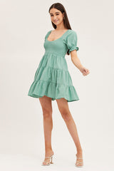 Green Puff Sleeve Shirred Tiered Skater Dress