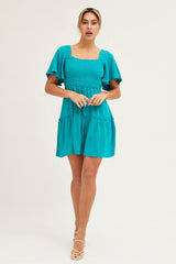 Green Shirred Bust Skater Dress
