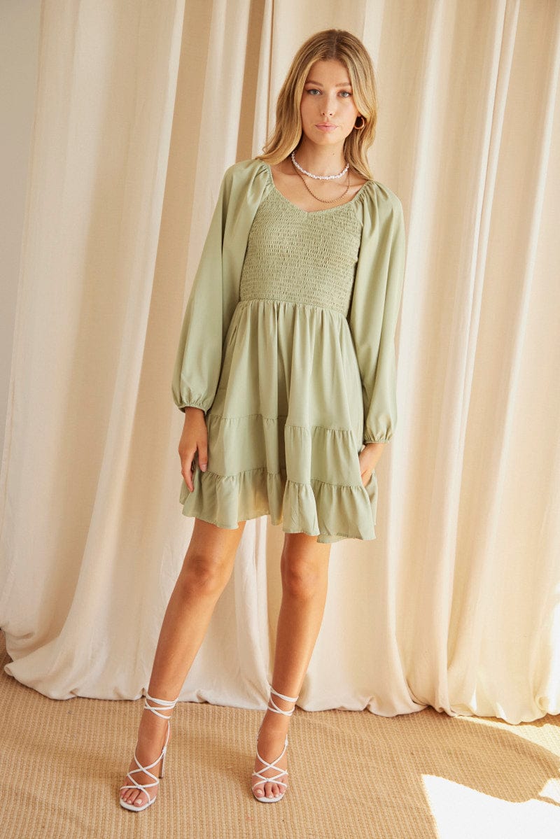 Green Shirred Dress Long Sleeve Mini