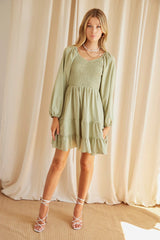 Green Shirred Dress Long Sleeve Mini