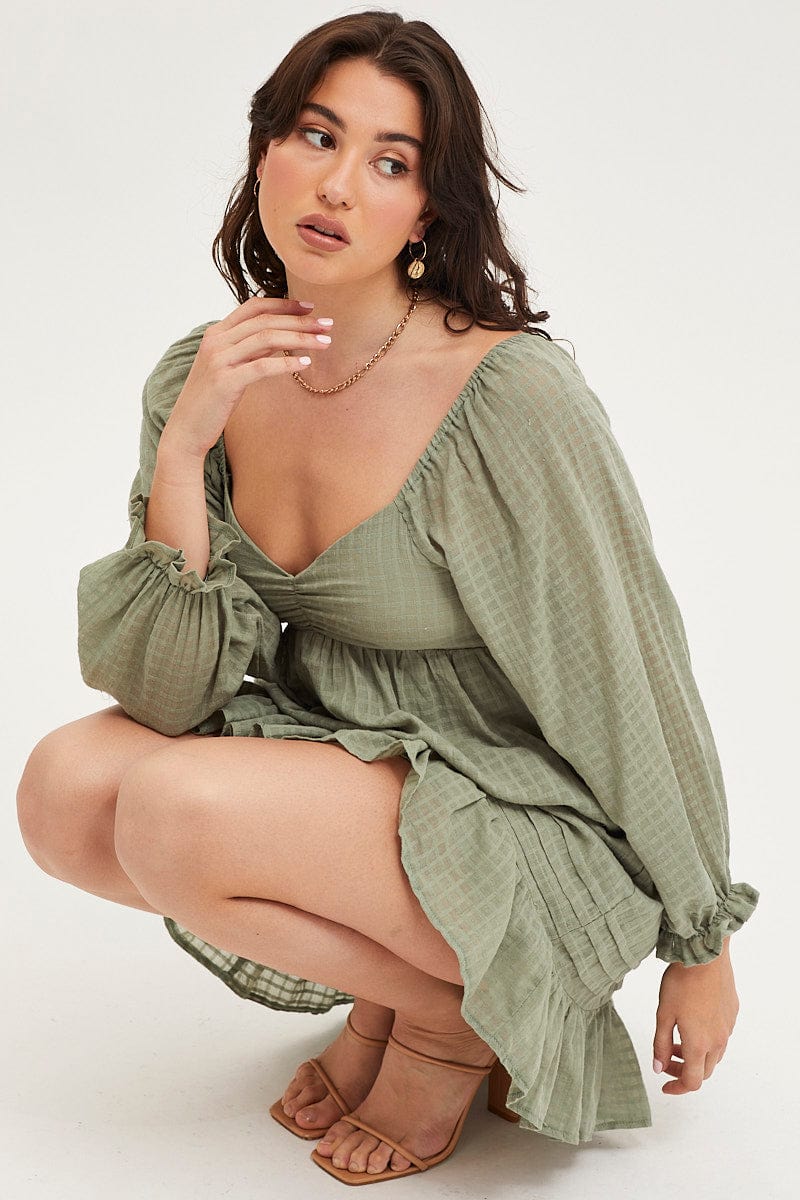 Green Smock Dress Long Sleeve Mini