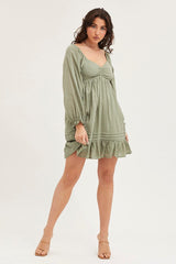 Green Smock Dress Long Sleeve Mini