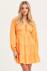 Orange Fit And Flare Dress Long Sleeve Square Neck