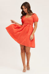Orange Puff Sleeve Linen Shirred Skater Dress