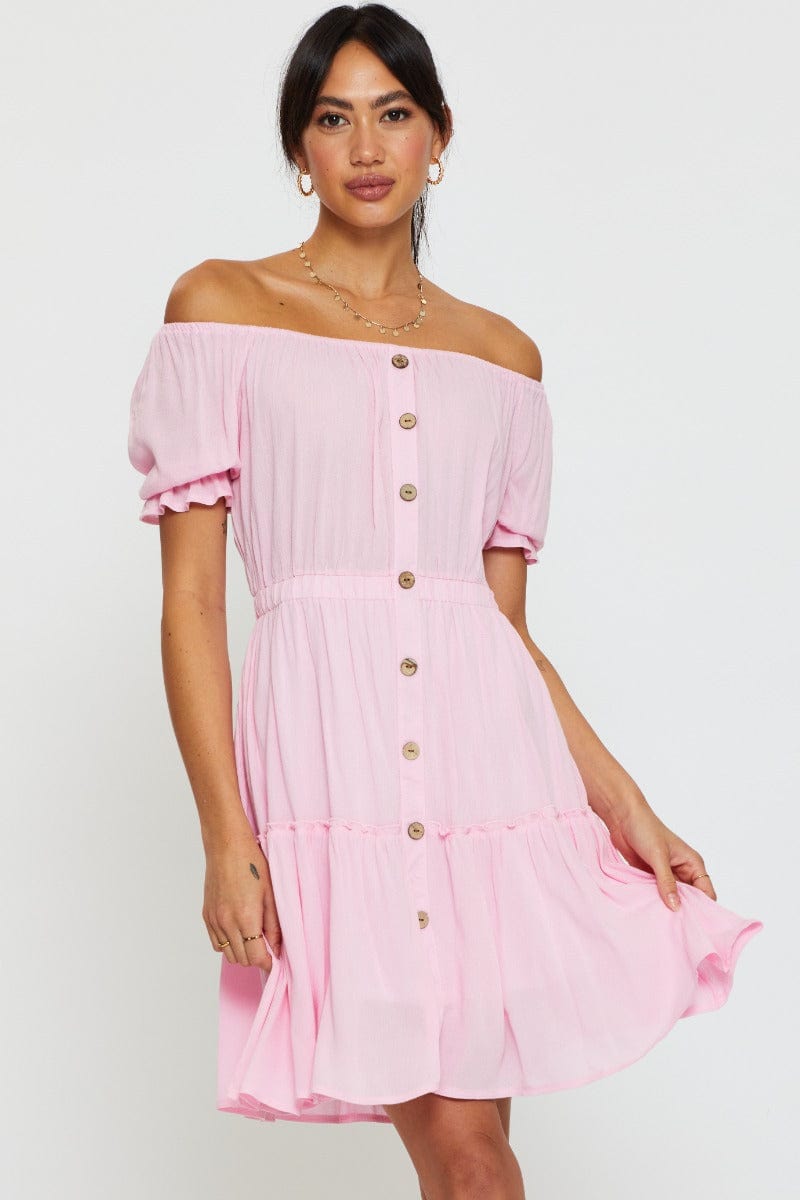 Pink Mini Dress Off Shoulder Linen