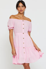Pink Mini Dress Off Shoulder Linen
