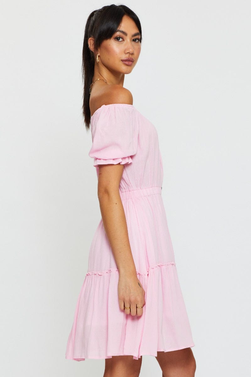 Pink Mini Dress Off Shoulder Linen