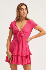 Pink Mini Dress Short Sleeve Tie Front