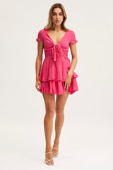 Pink Mini Dress Short Sleeve Tie Front