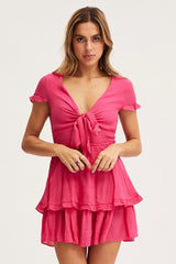 Pink Mini Dress Short Sleeve Tie Front