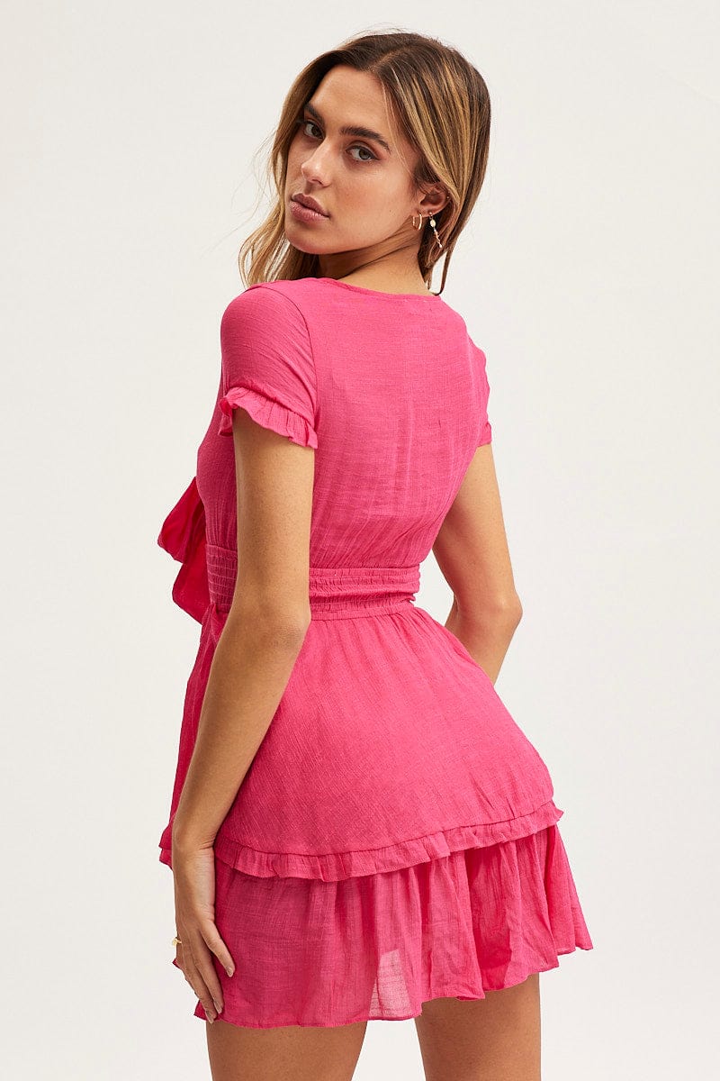 Pink Mini Dress Short Sleeve Tie Front